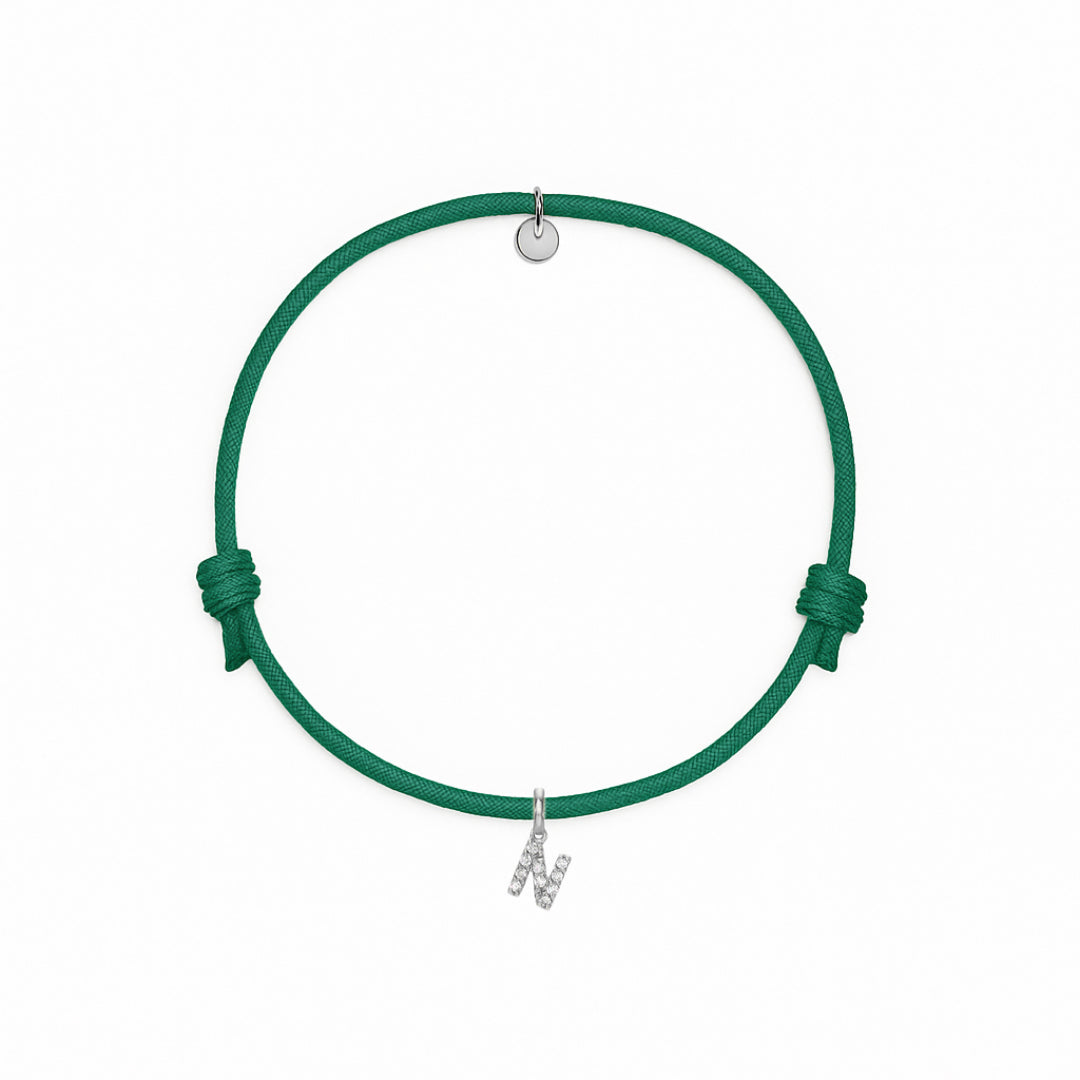 bracciale con cordino verde con iniziale N argento