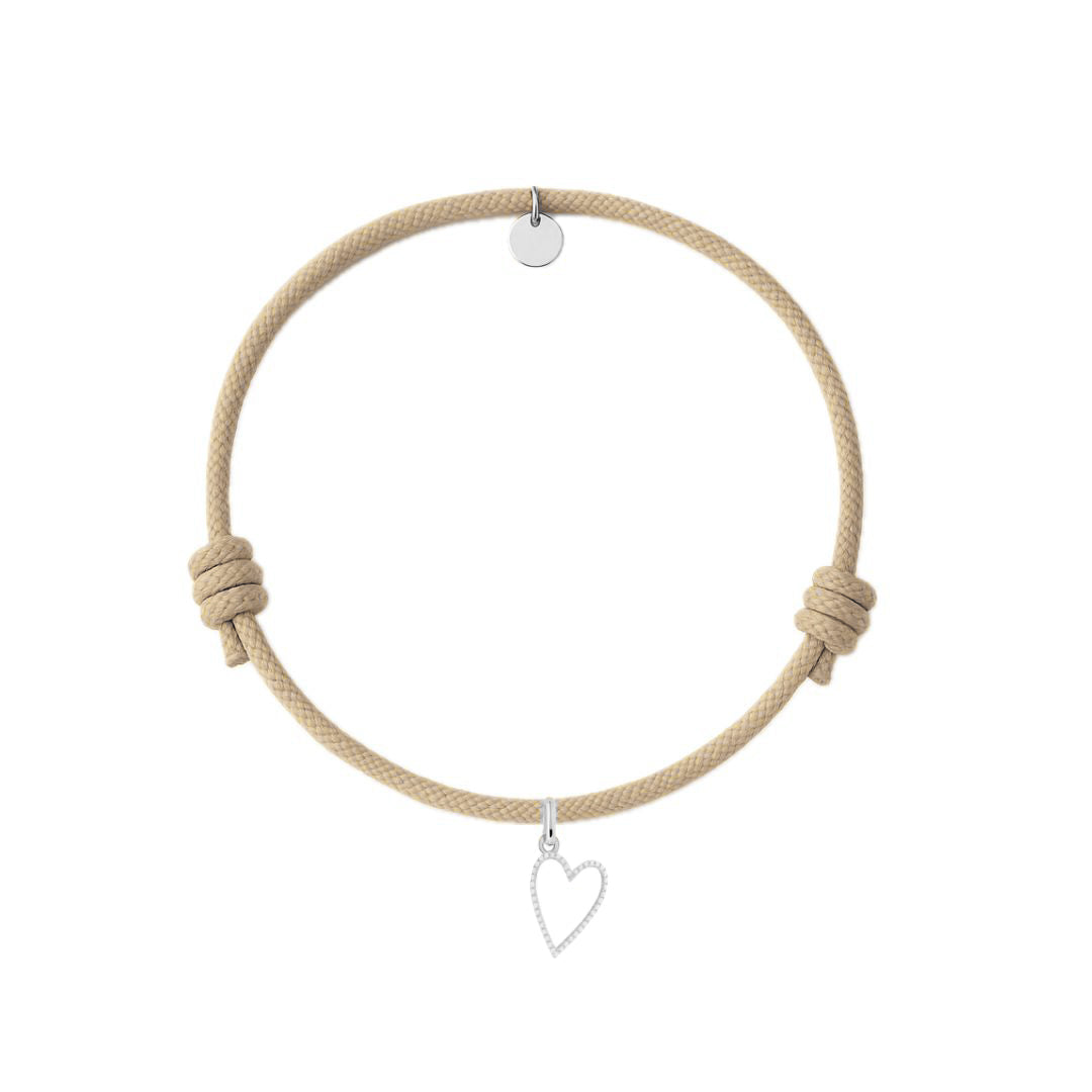bracciale corda beige con ciondolo sagoma cuore in argento 925