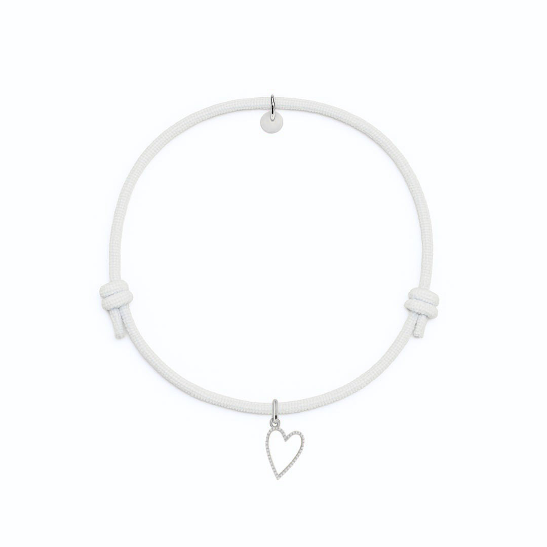 bracciale corda bianca con ciondolo sagoma cuore in argento 925