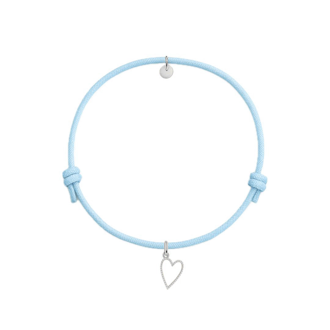 bracciale cordino celeste con ciondolo sagoma cuore in argento 925