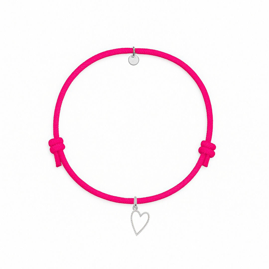 bracciale corda fucsia con ciondolo sagoma cuore in argento 925