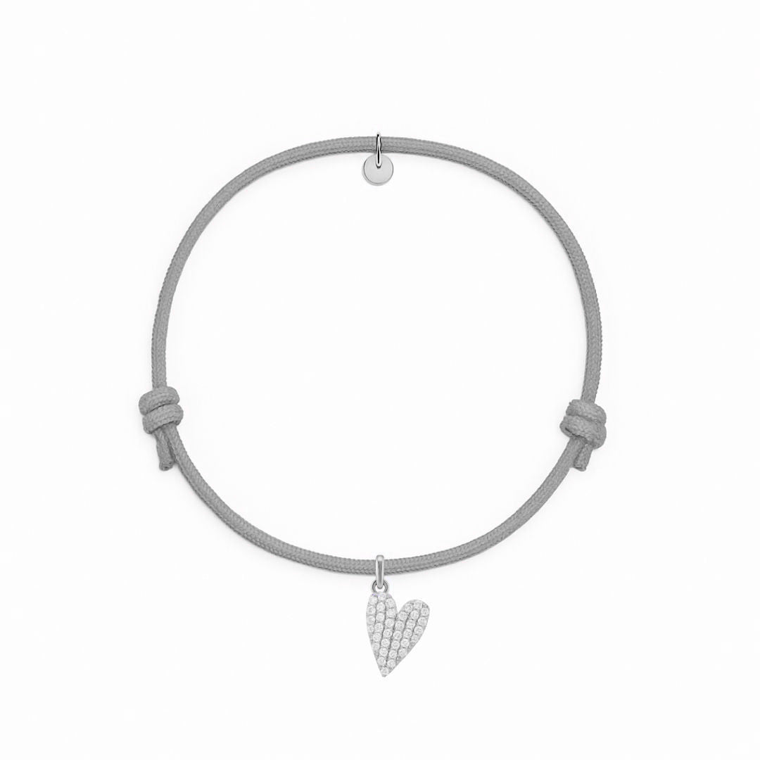 bracciale corda grigia con ciondolo a forma di cuore allungato con pavé di zirconi argento 925