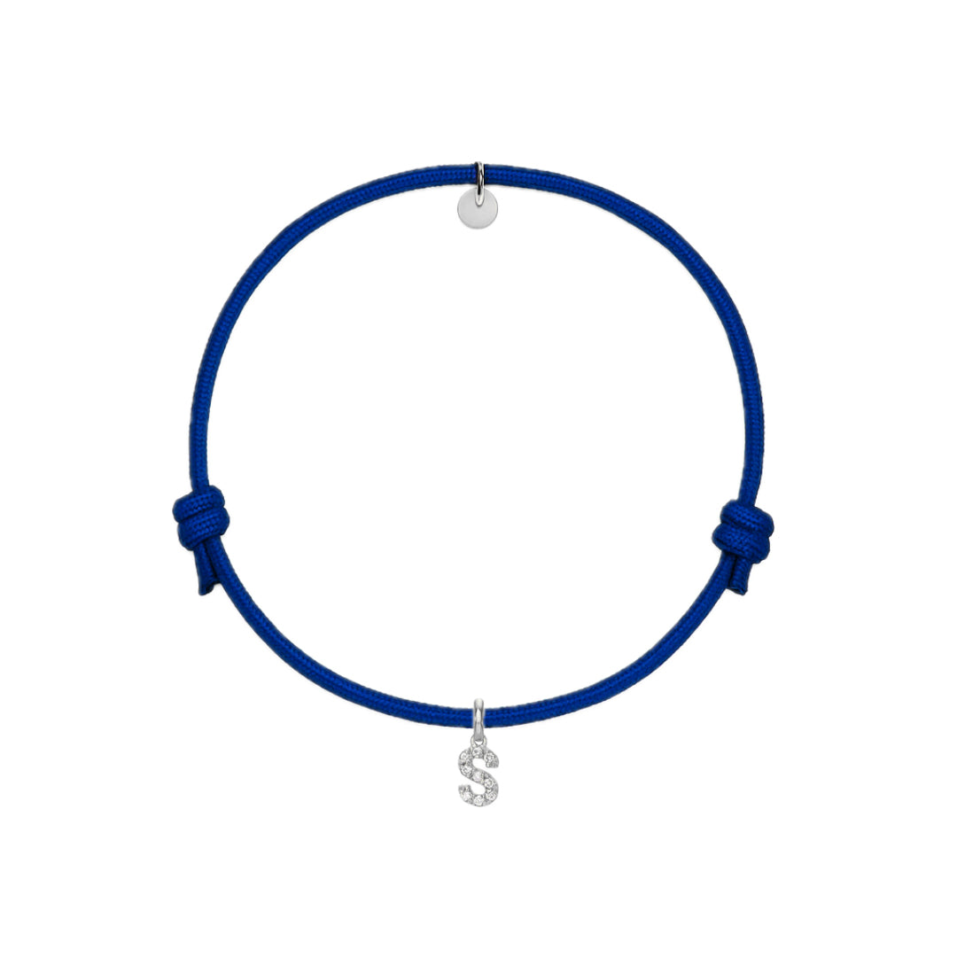 bracciale con cordino blu con iniziale S argento