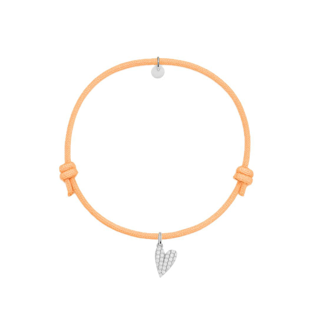 bracciale cordino arancione con charm cuore argento 925 e pave di zirconi