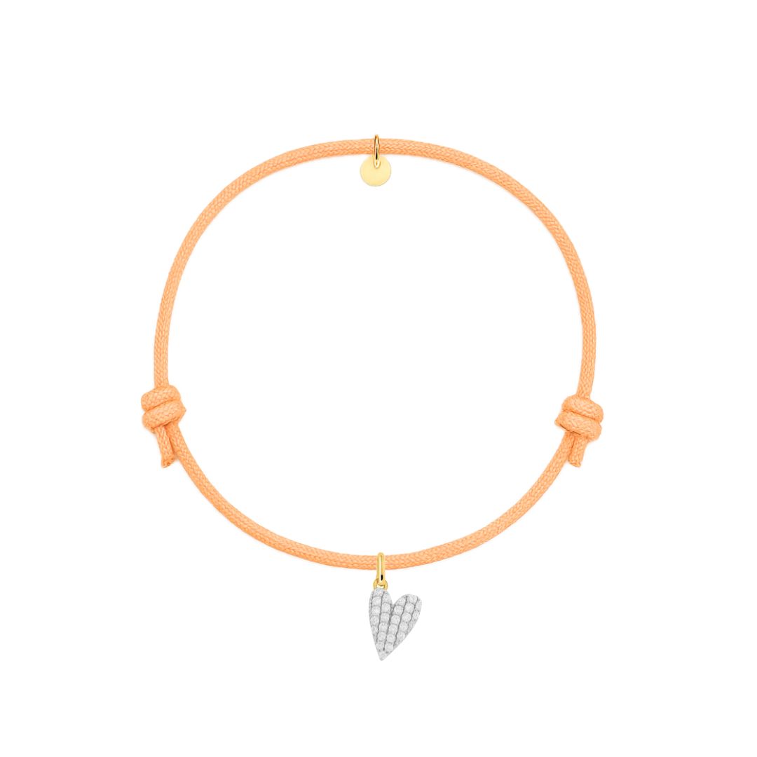 bracciale cordino arancione con charm a forma di cuore dorato pave di zirconi
