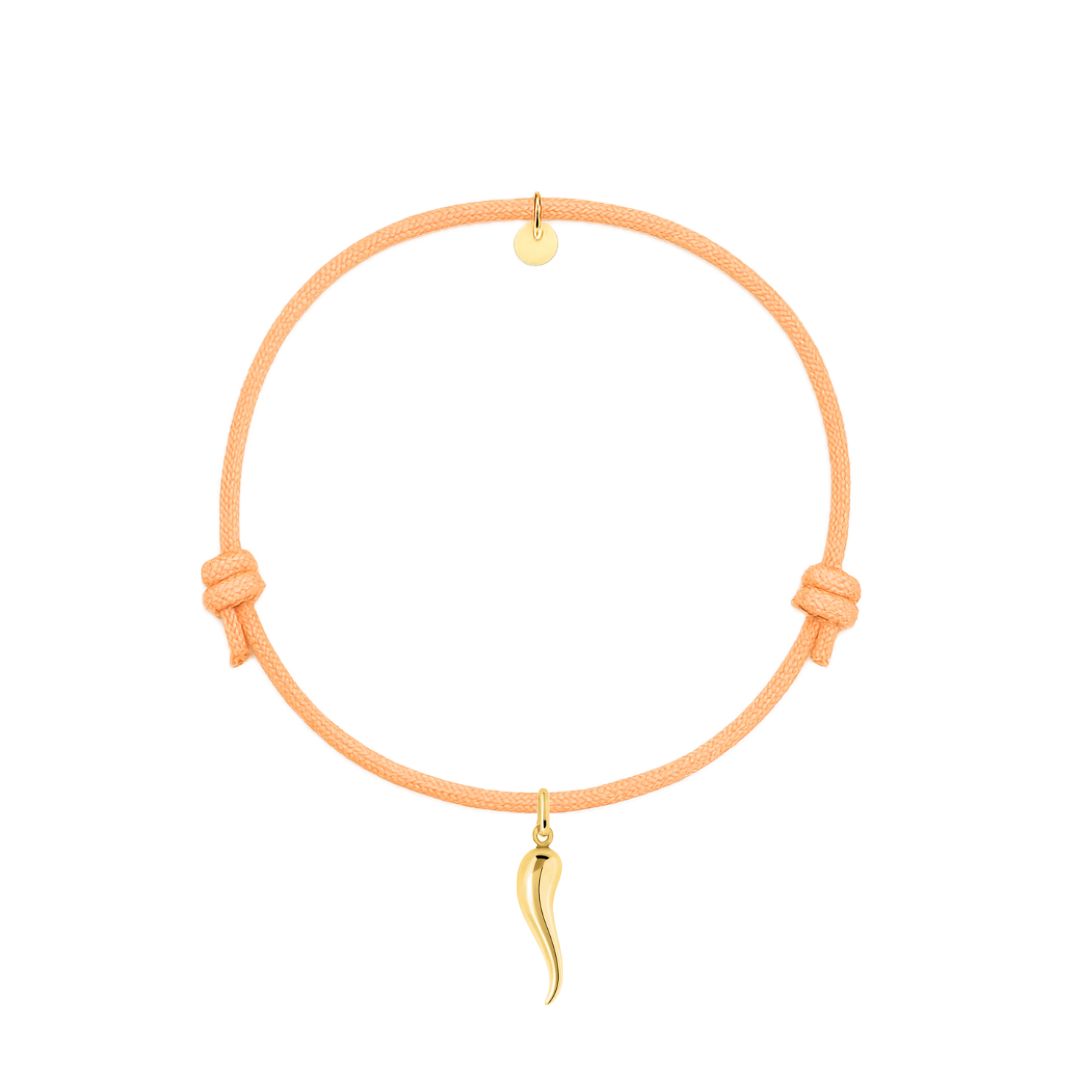 bracciale cordino arancione con ciondolo cornetto portafortuna dorato in argento 925