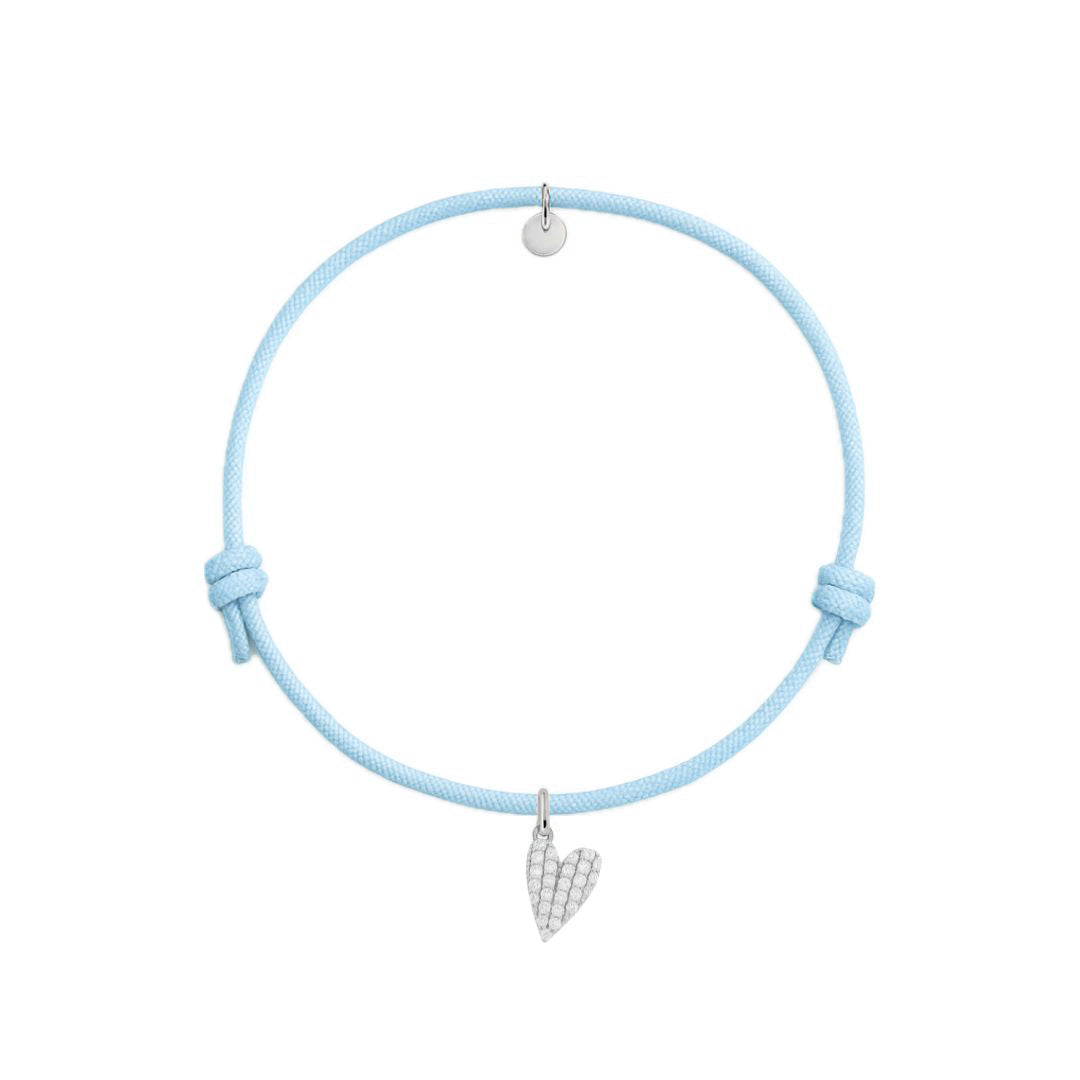 bracciale cordino azzurro con charm cuore pave di zirconi in argento 925
