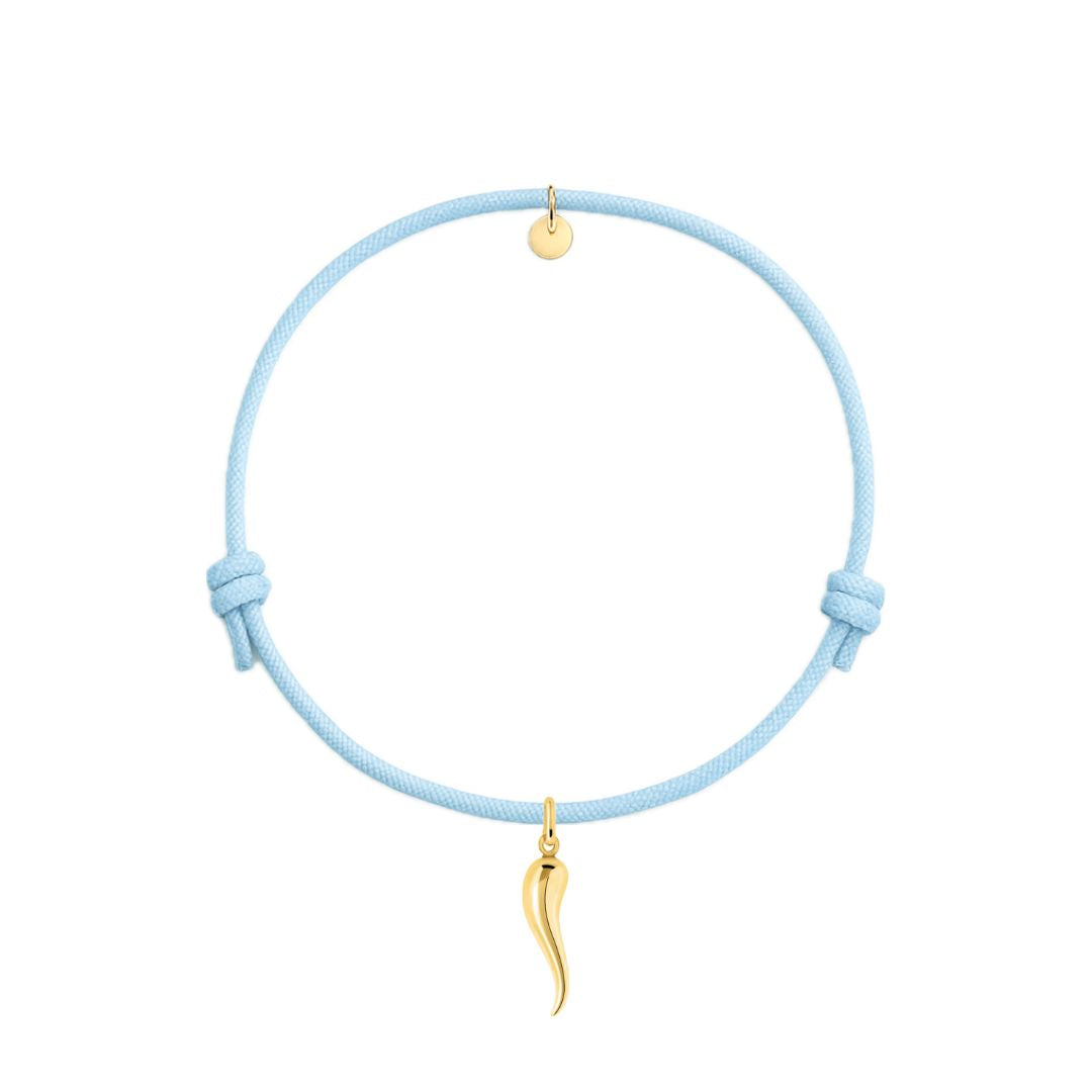 bracciale cordino azzurro con ciondolo cornetto portafortuna dorato in argento 925