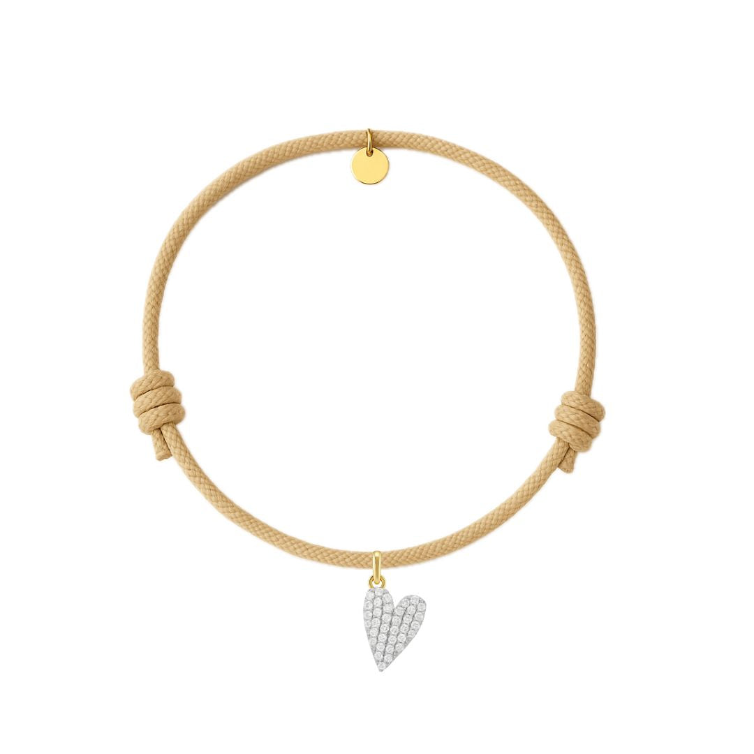 bracciale in corda color crema con ciondolo a forma di cuore con zirconi