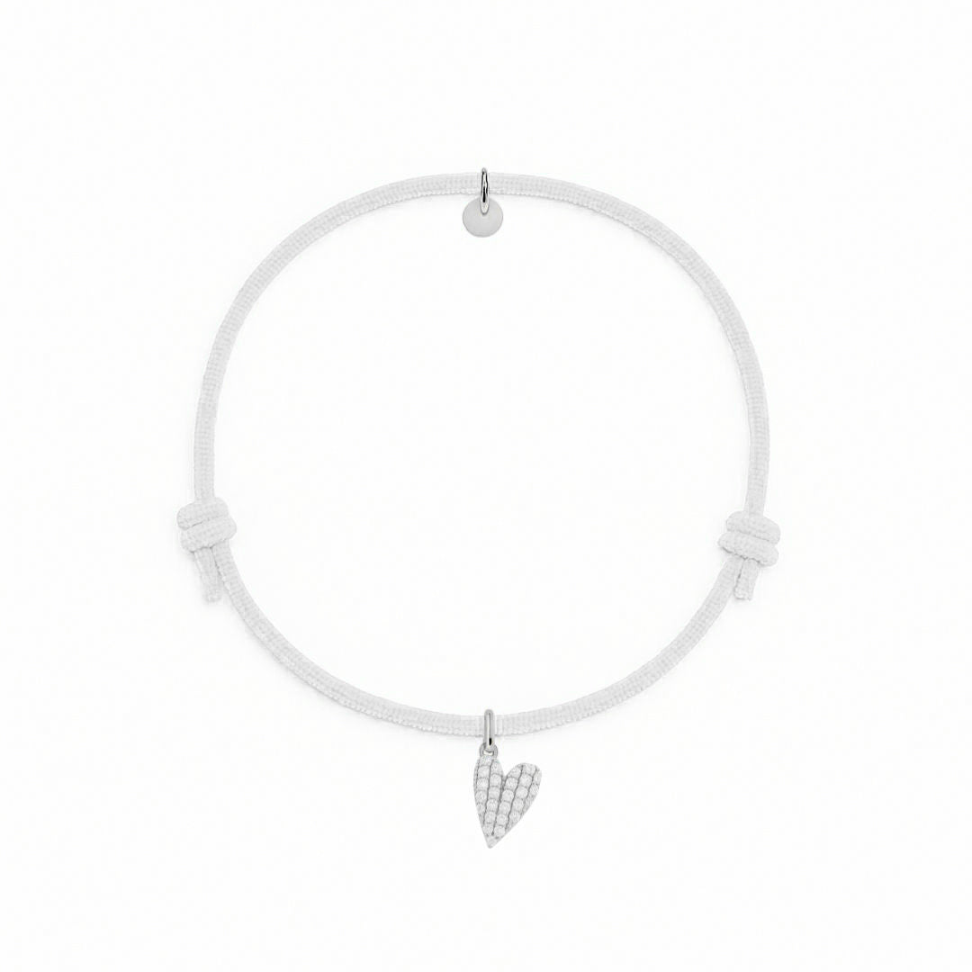 bracciale cordino bianco charm cuore argento e zirconi