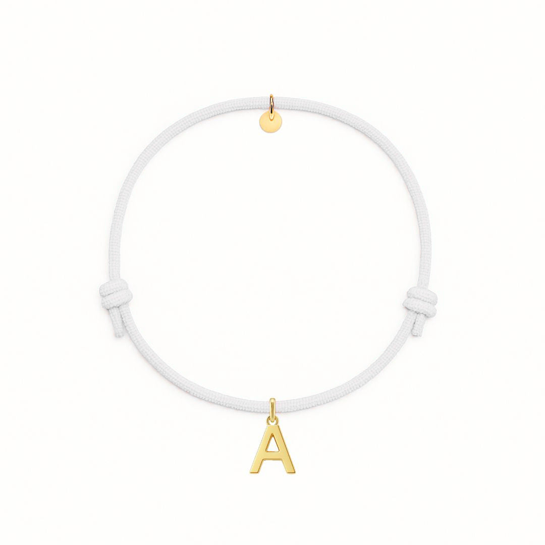 bracciale con cordino bianco e ciondolo a forma di lettera dorata in argento 925 personalizzabile
