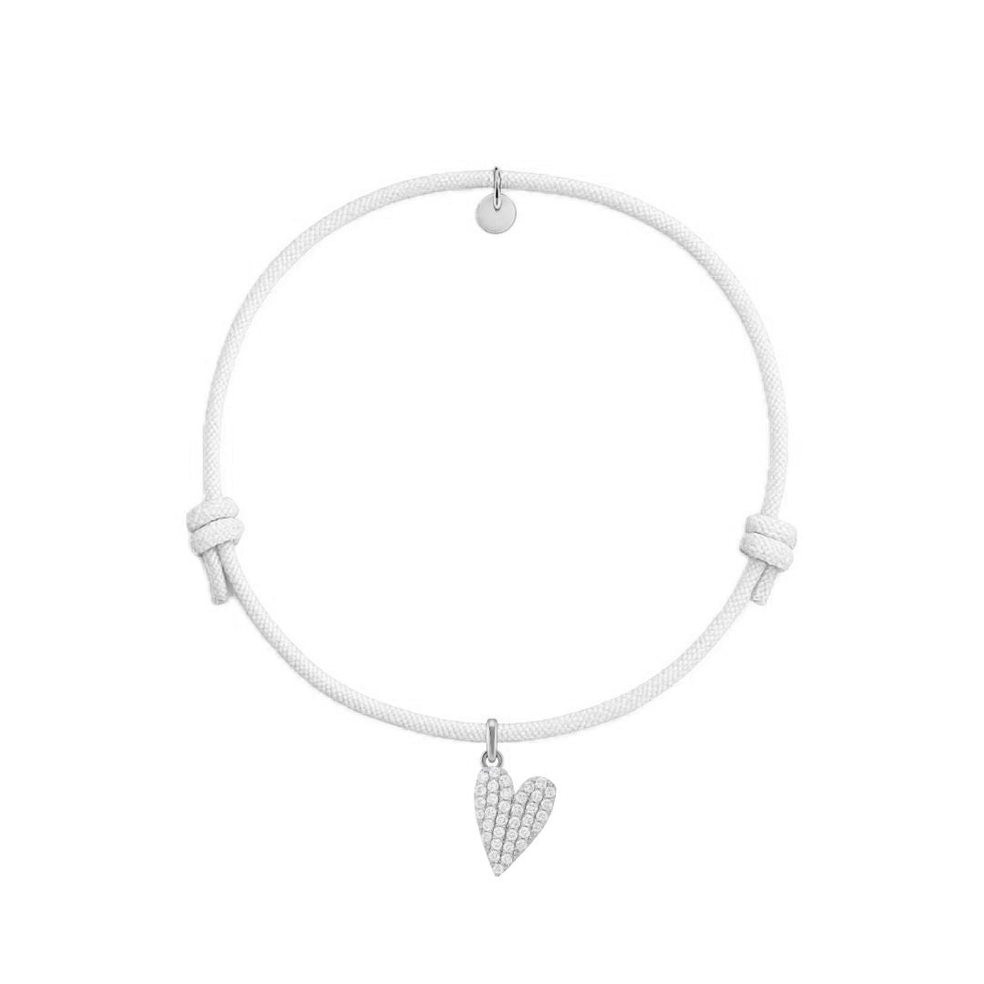 bracciale in cordino bianco con ciondolo a cuore in pavè di diamanti