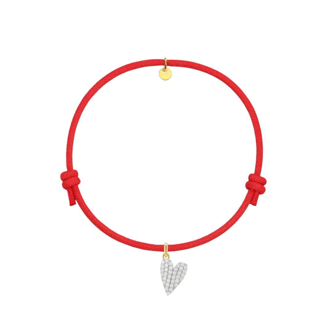 bracciale in cordino rosso con ciondolo a cuore in pavè di diamanti