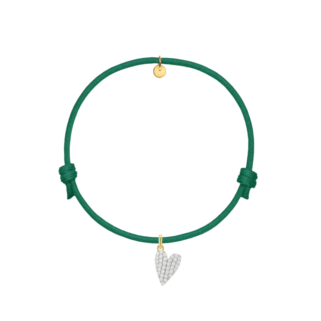 bracciale in cordino verde con ciondolo a cuore in pavè di diamanti