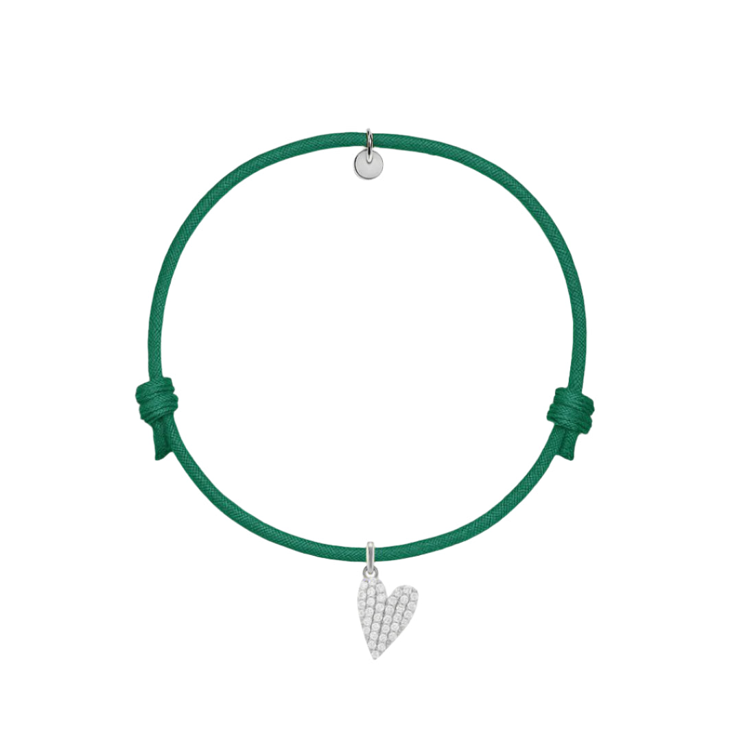 bracciale in cordino verde con ciondolo a cuore in pavè di diamanti