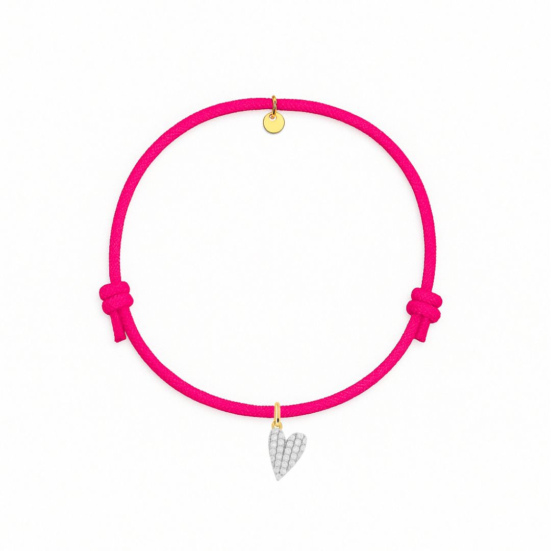 bracciale cordino fucsia con charm a cuore dorato pave di zirconi