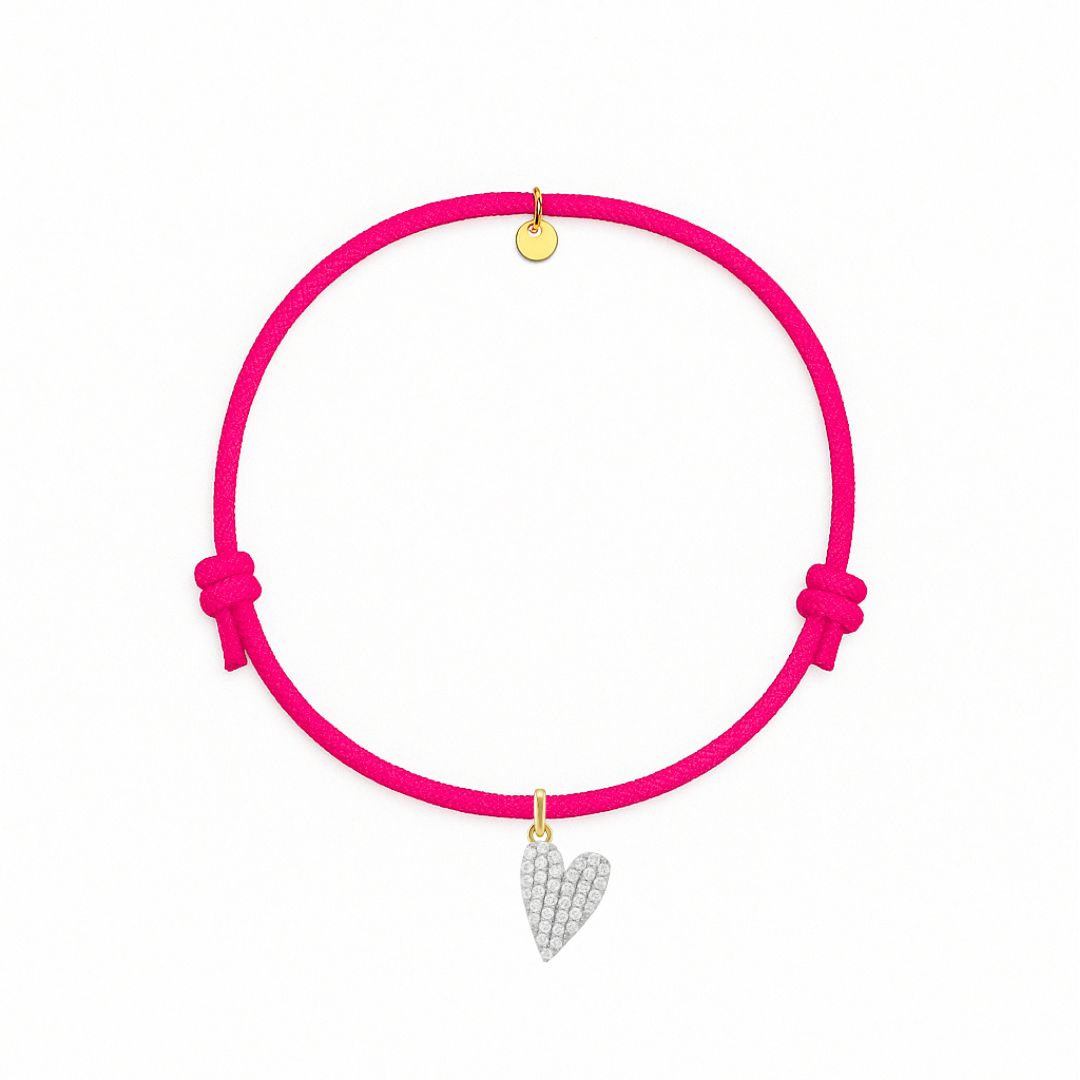 bracciale corda fucsia con ciondolo a forma di cuore allungato in argento 925