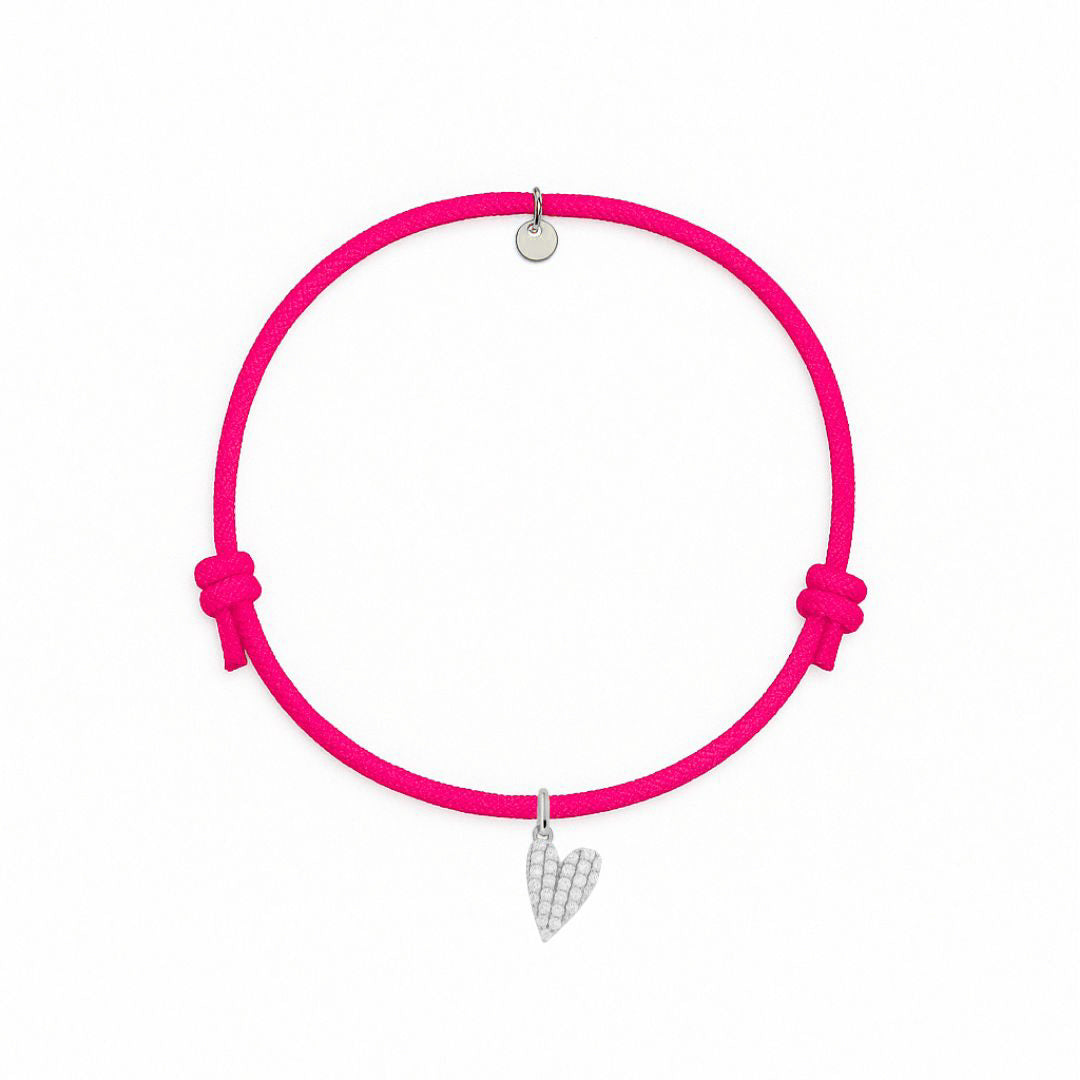 bracciale cordino fucsia con charm a forma di cuore in argento 925 pave di zirconi