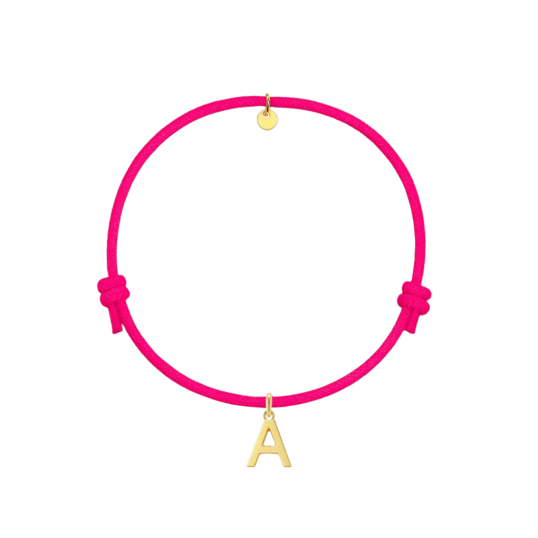bracciale cordino fucsia fluo con lettera A dorata in argento 925