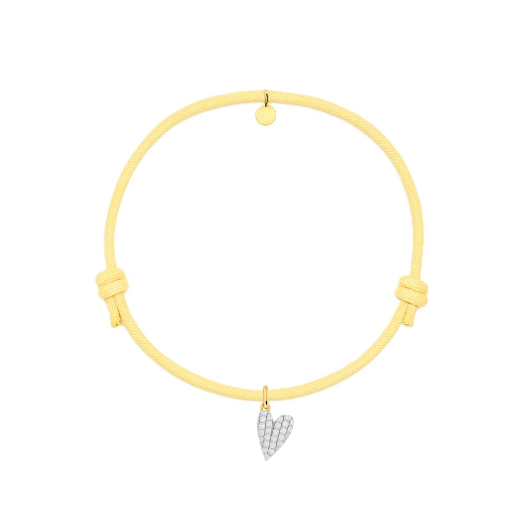 bracciale cordino giallo charm cuore dorato in argento 925 e pave di zirconi