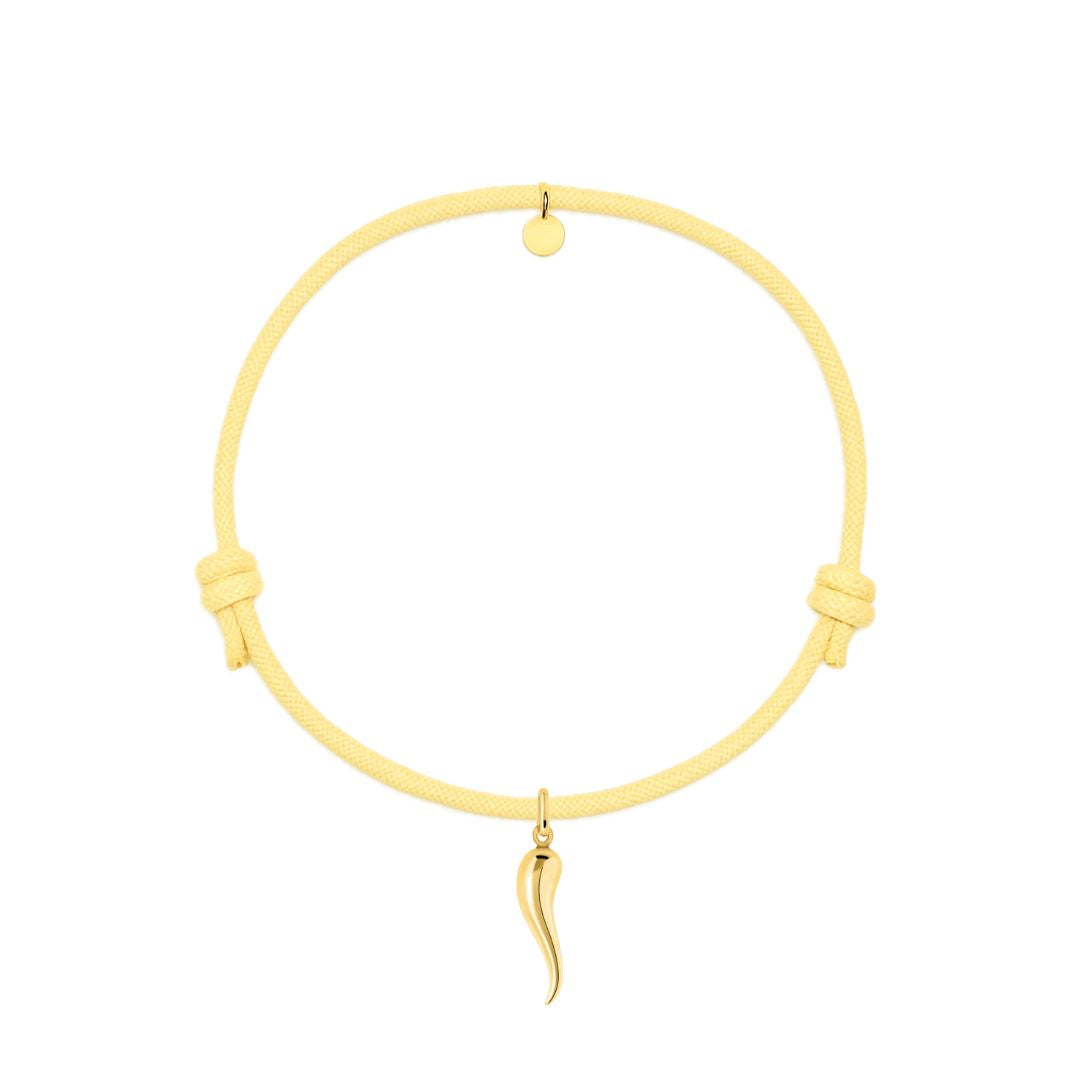 bracciale cordino giallo con cornetto portafortuna dorato in argento 925