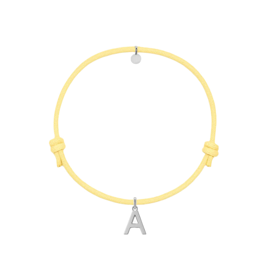 bracciale con cordino giallo e ciondolo iniziale in argento 925 personalizzabile