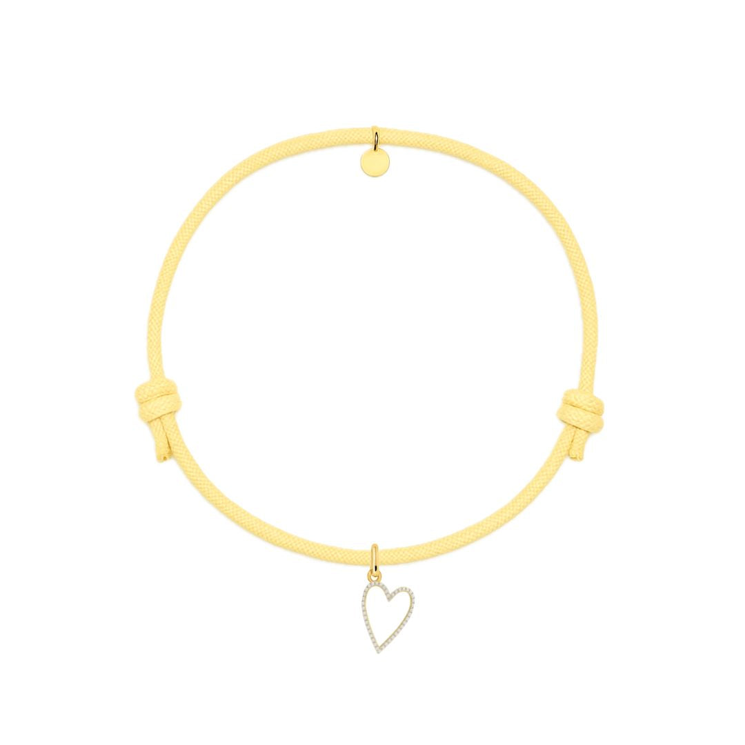 bracciale cordino giallo con ciondolo sagoma cuore argento 925 e zirconi