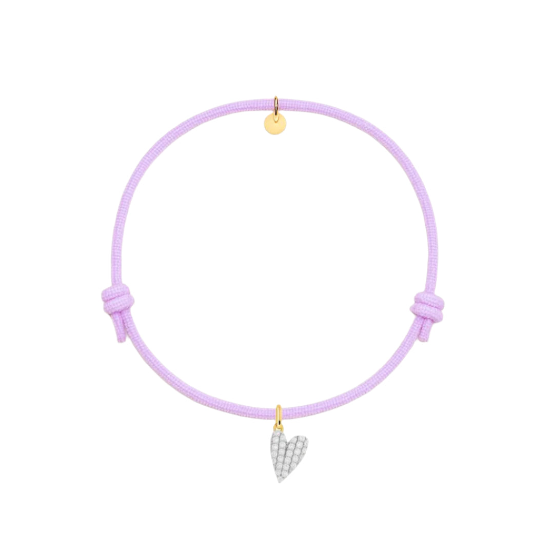 bracciale cordino violetto con charm cuore pave di zirconi dorato