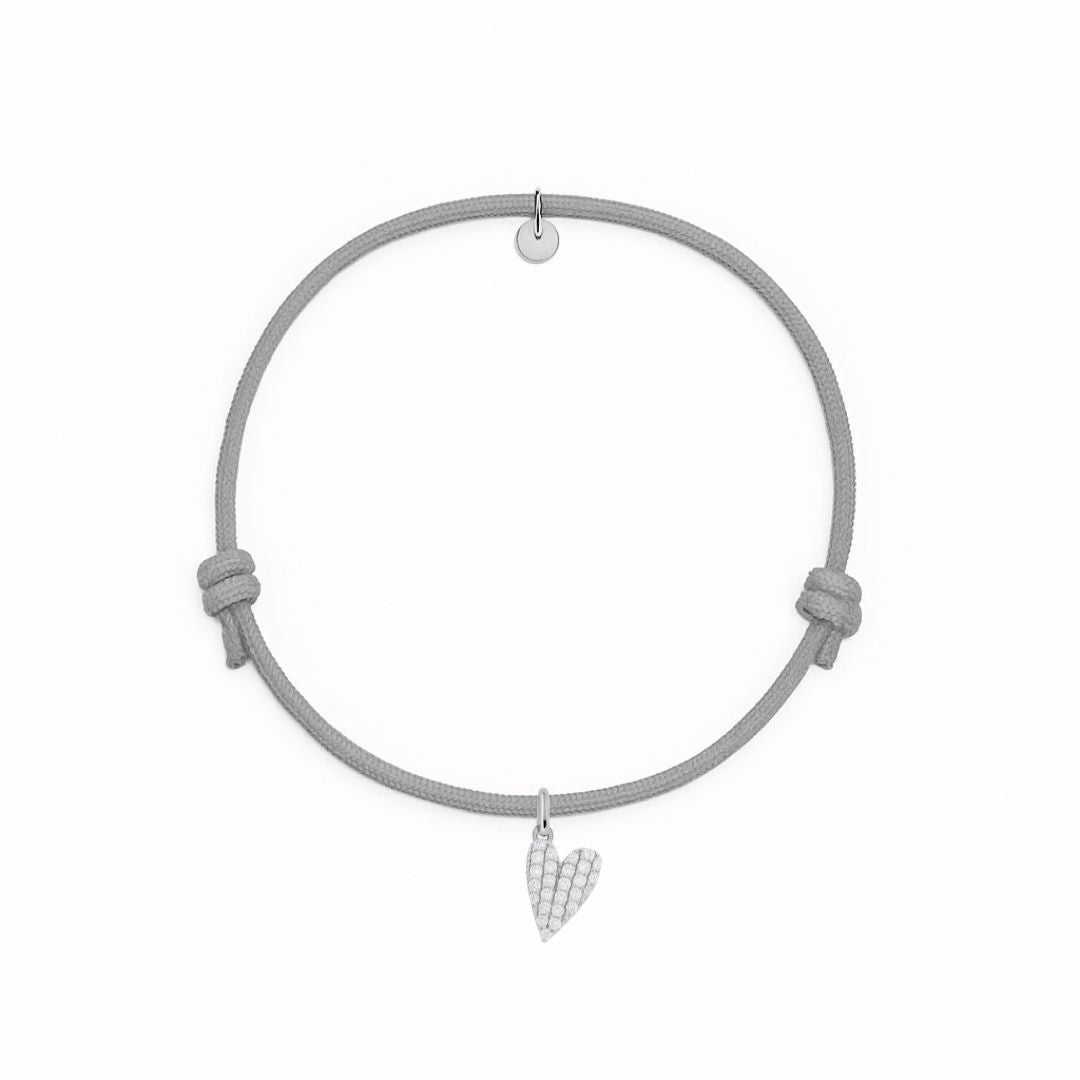 bracciale cordino grigio con charm cuore argento tempestato di zirconi