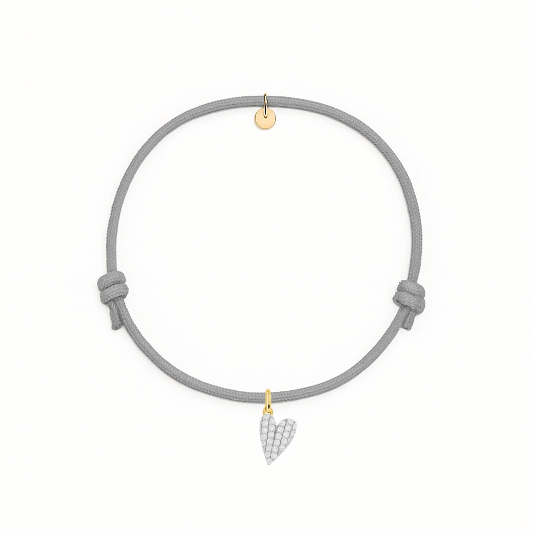 bracciale cordino grigio con charm a forma di cuore dorato pave di zirconi