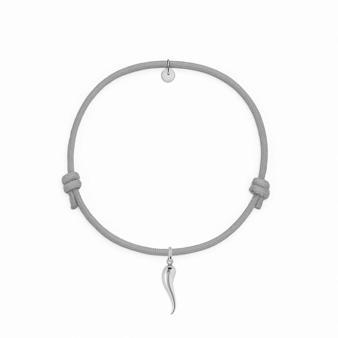 bracciale cordino grigio con ciondolo cornetto portafortuna in argento 925