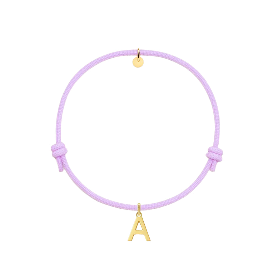 bracciale con cordino lilla e ciondolo a forma di lettera dorata in argento 925 personalizzabile