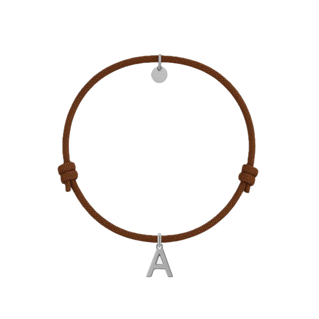 bracciale cordino marrone con lettera A in argento 925