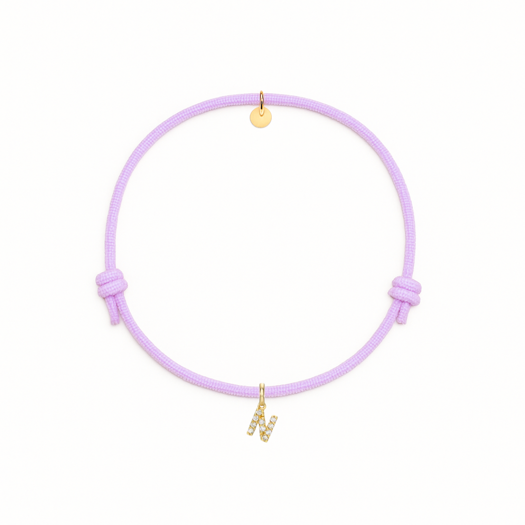 bracciale con cordino lilla con iniziale N