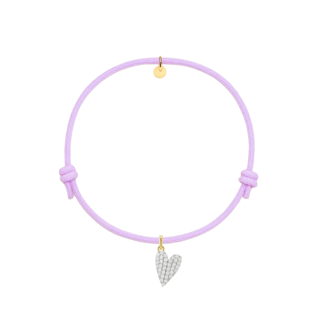 bracciale cordino lilla con ciondolo cuore pavé di zirconi