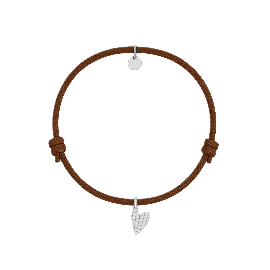 bracciale cordino marrone con charm a cuore argento 925 con pave di zirconi