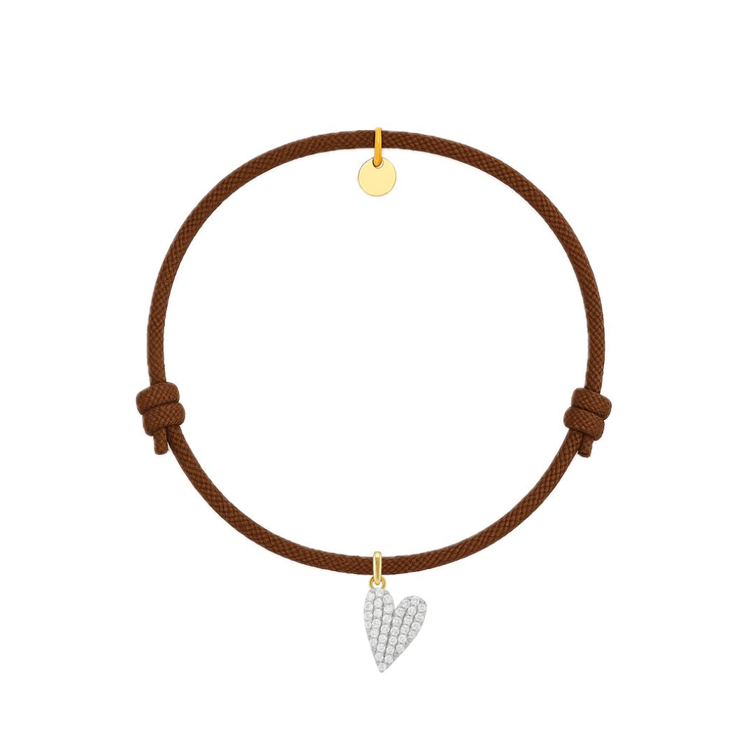 bracciale corda marrone con ciondolo cuore pavé di diamanti