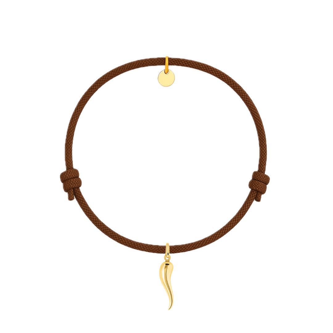 bracciale cordino marrone con ciondolo scaramantico cornetto portafortuna dorato in argento 925