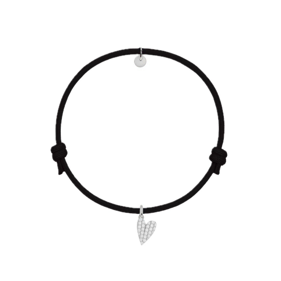 bracciale cordino nero con charm cuore argento 925 pave di zirconi