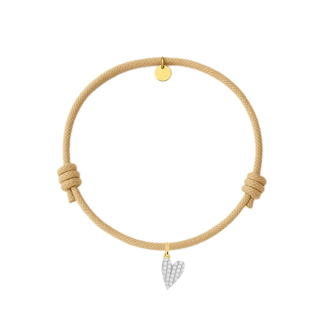 bracciale cordino dorato beige con charm a forma di cuore con pave di zirconi
