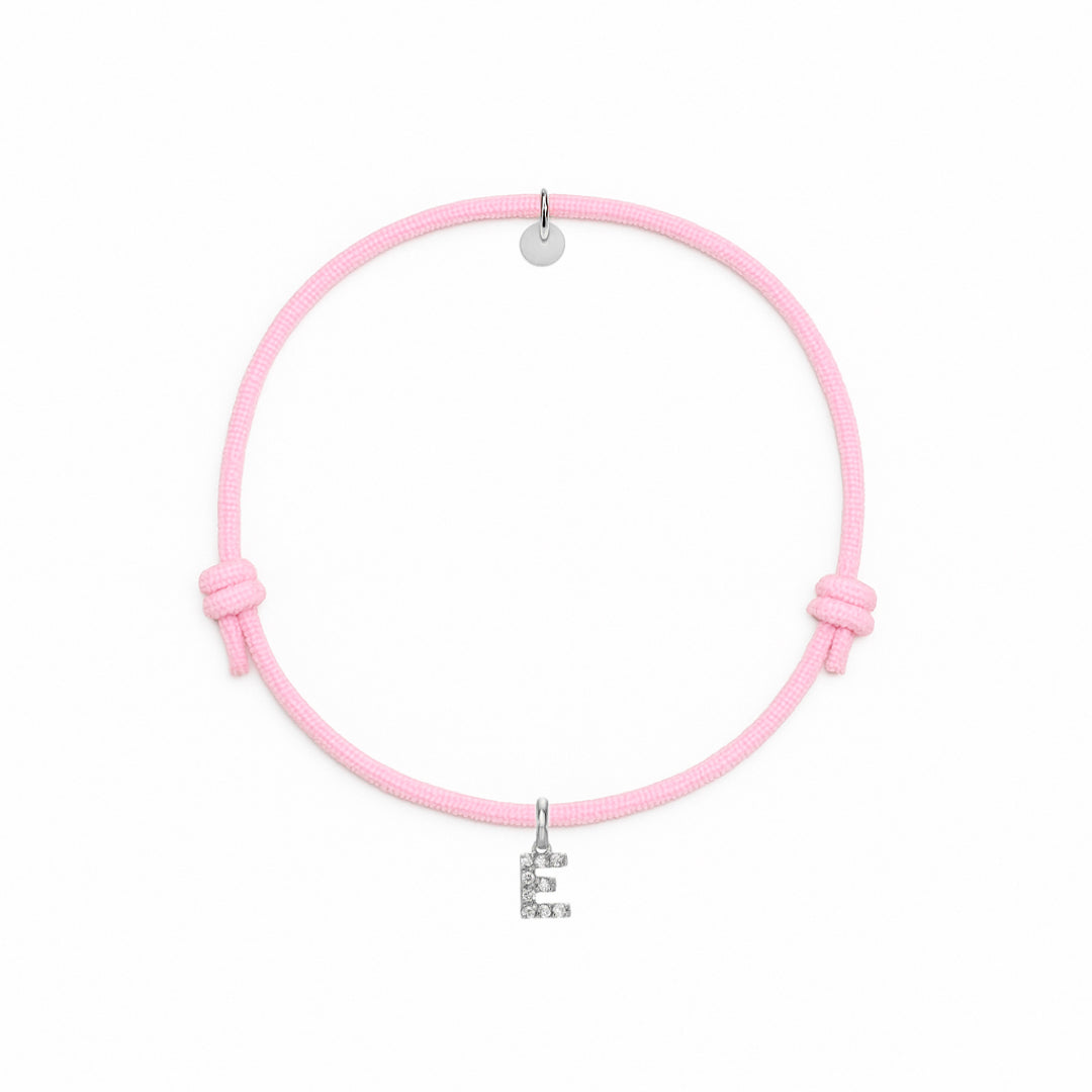 bracciale con cordino rosa con iniziale E argento