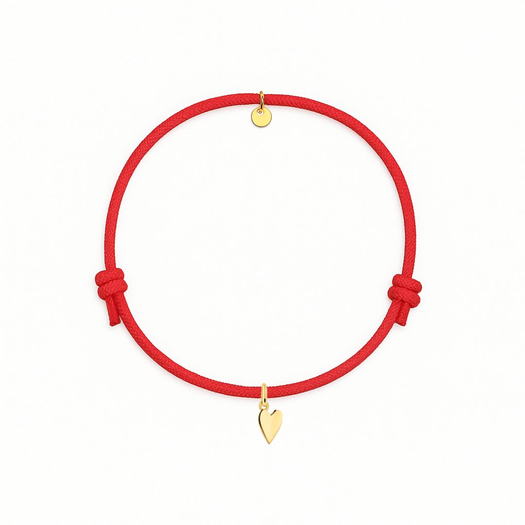 bracciale con cordino rosso e ciondolo dorato a forma di cuore in argento 925