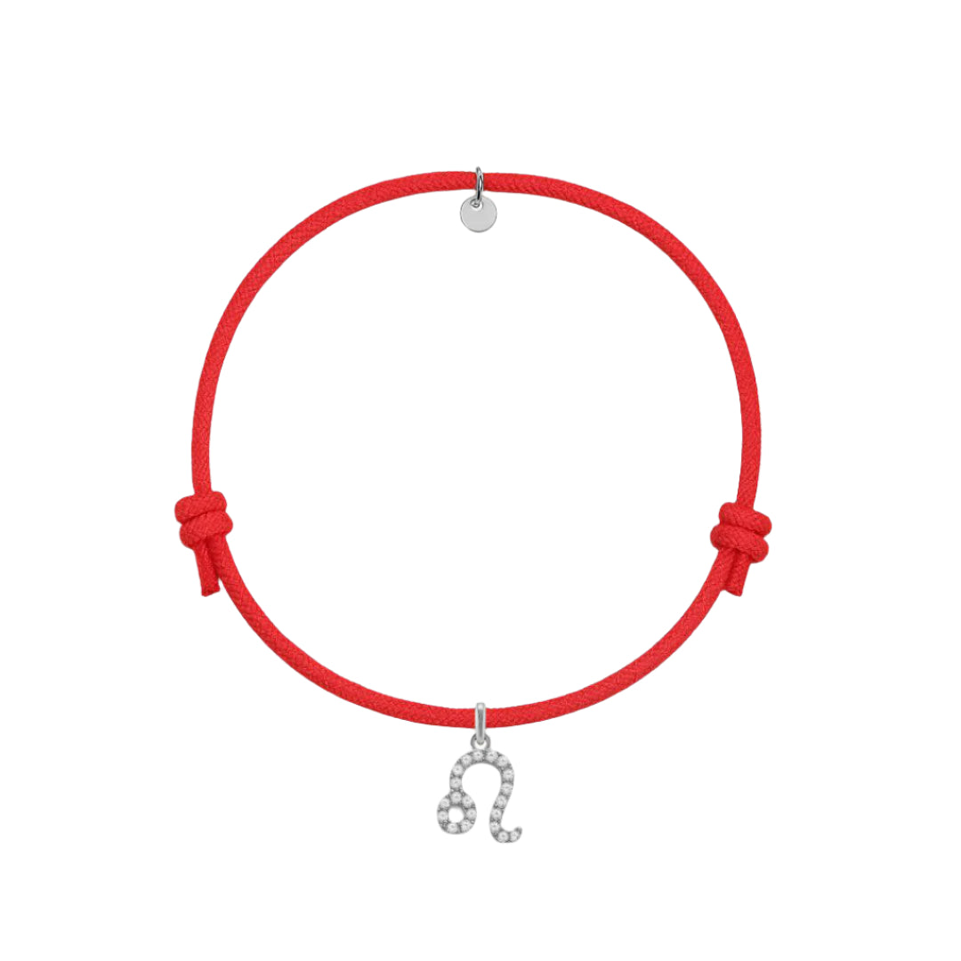 bracciale cordino rosso personalizzabile con ciondolo segno zodiacale leone in argento 925 e zirconi