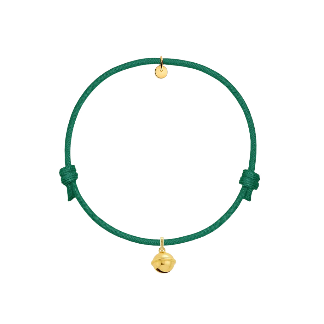 bracciale con ciondolo campanella portafortuna dorata e cordino verde smeraldo