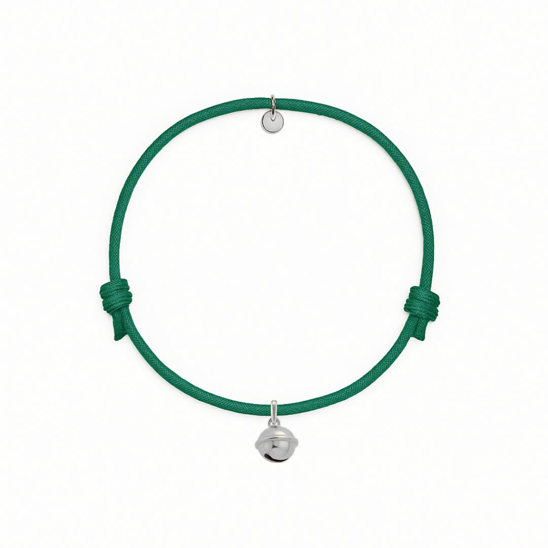 bracciale con cordino verde smeraldo e ciondolo campanella portafortuna argento 925