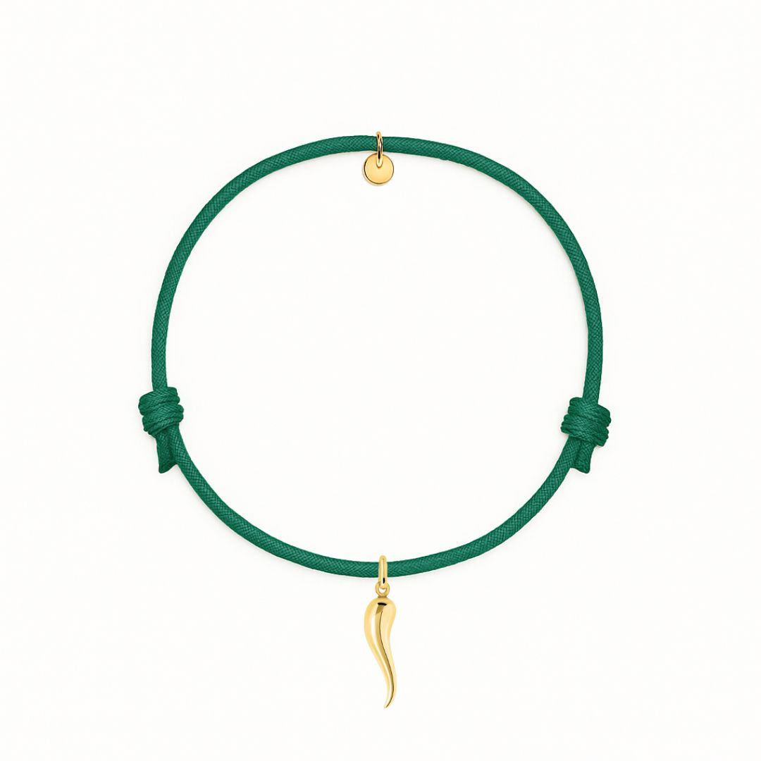 bracciale cordino verde smeraldo con ciondolo cornetto portafortuna dorato in argento 925