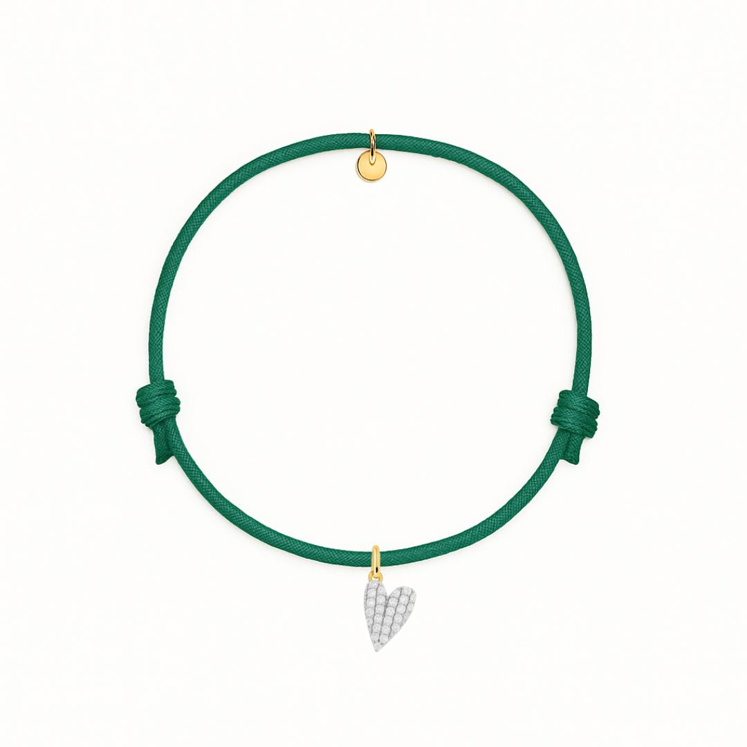 bracciale cordino verde smeraldo con charm cuore in argento 925 e zirconi