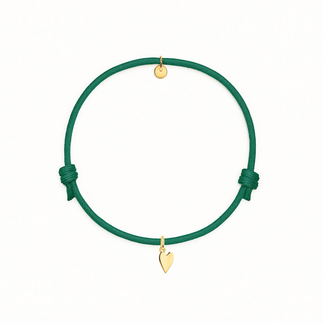 bracciale cordino verde smeraldo con ciondolo cuore oro in argento 925