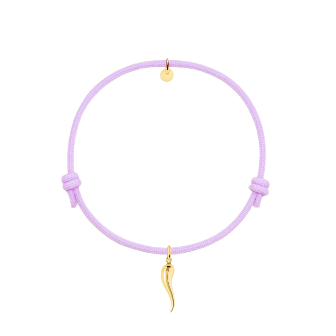 bracciale cordino glicine con ciondolo cornetto portafortuna dorato in argento 925