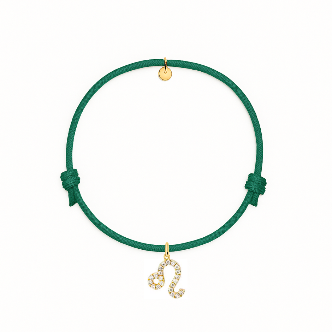 bracciale con cordino verde foresta e ciondoli dorato con zirconi